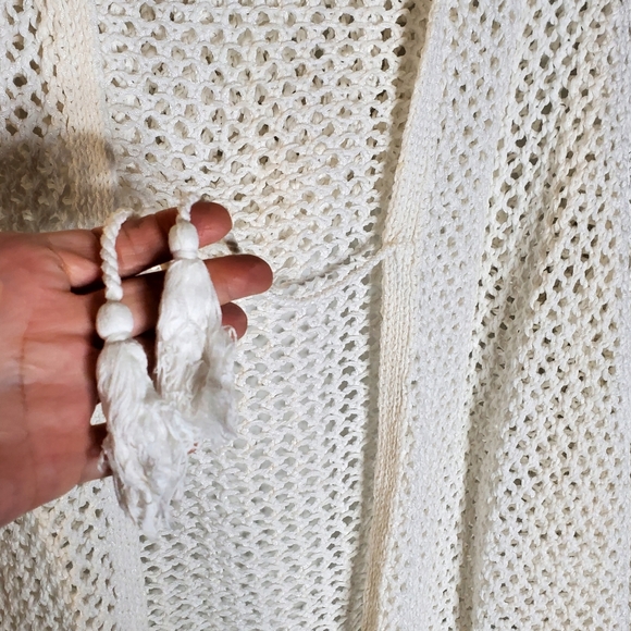 J Jill White Open Knit Fringed cotton Tie front Hooded cardigan Size L - Picture 9 of 11